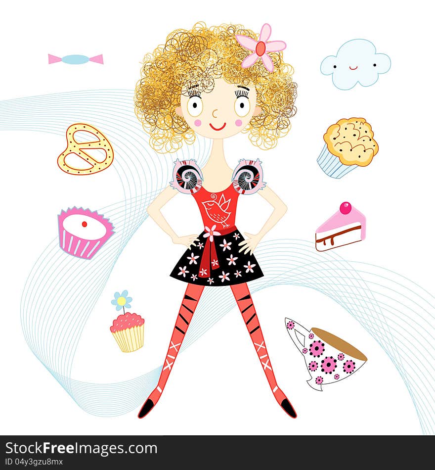 Fun sports girl on a white background with cakes and clouds