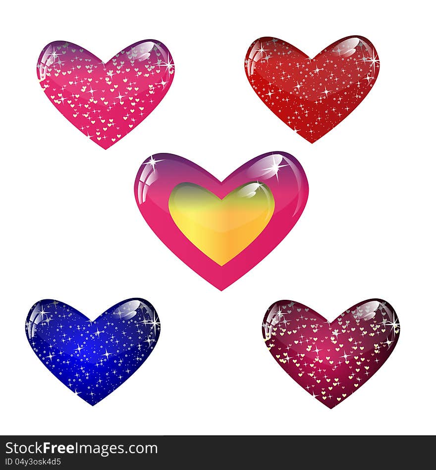set from five varicoloured glass hearts on a white background
