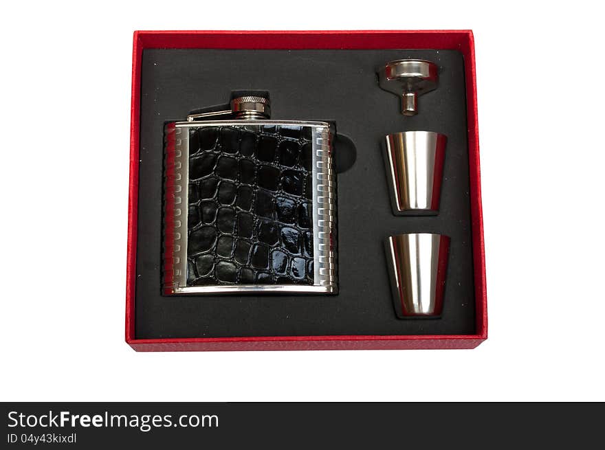 Hip flask and cups with white background