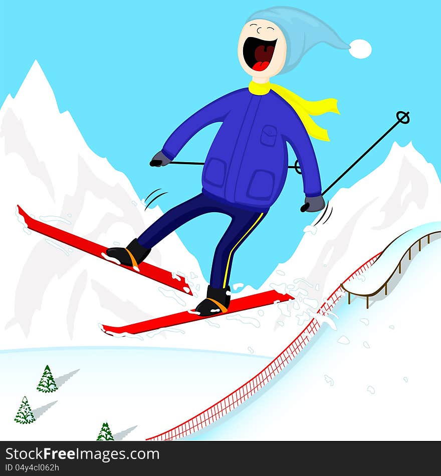 Funny ski-man jumped from the slope