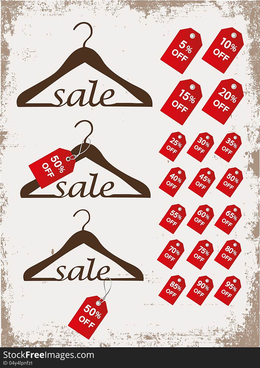 Set of hangers with word SALEon a vintage grunge background and tags with sale percent