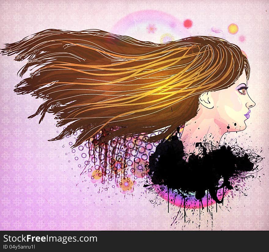 Illustration of girl with brown hair on colorful background. Illustration of girl with brown hair on colorful background.