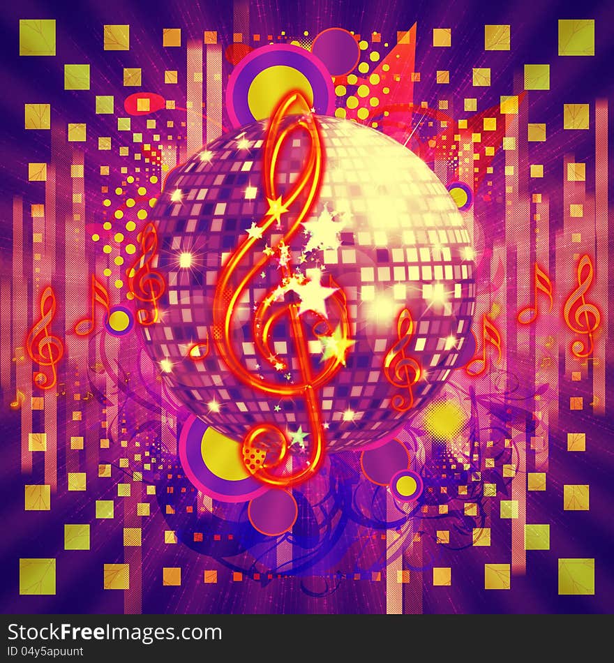 Illustration of abstract musical background with music notes and disco ball. Illustration of abstract musical background with music notes and disco ball.