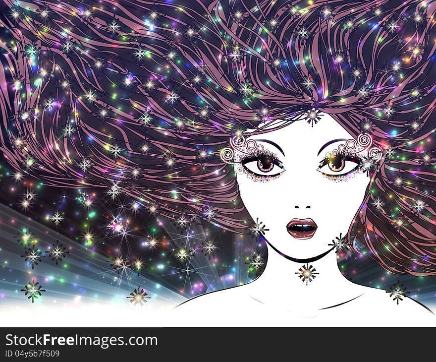 Illustration of abstract night portrait of winter girl with colorful snowflakes. Illustration of abstract night portrait of winter girl with colorful snowflakes