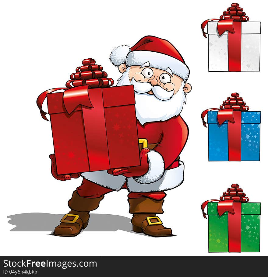 Santa holding a Red Gift. The EPS file includes gift in hands in white, blue and green colors as well as the 3 icons on the right. EPS v.10 file with multiply transparency on the floor shadow and a top quality 28 Mpxl JPG preview.