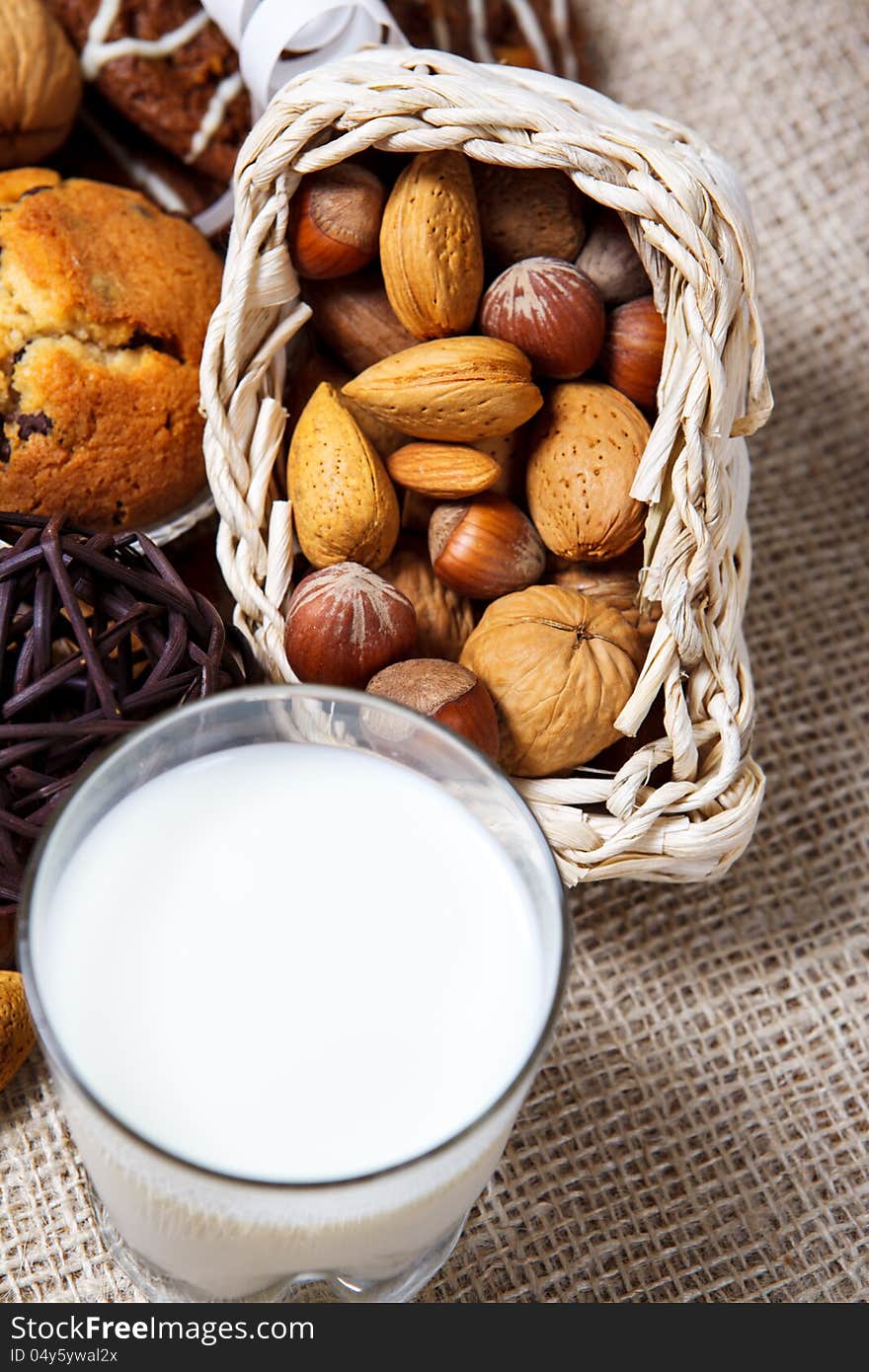 Nuts in a white wicker basket. Nuts in a white wicker basket