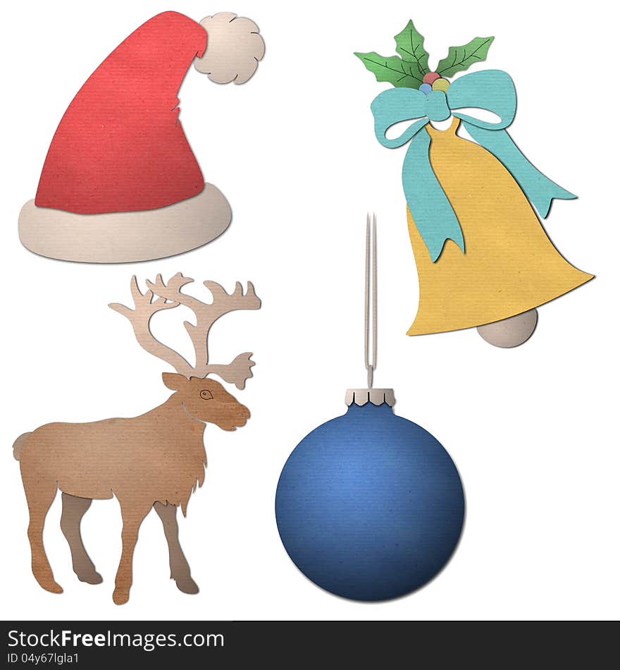 Christmas elements, ball, bell, moose, bonnet, made of craft paper