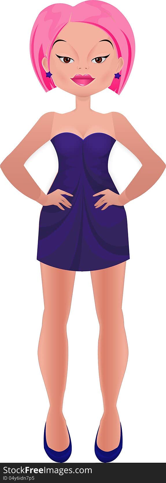 Pink haired asian girl wearing purple dress and violet ballet flats