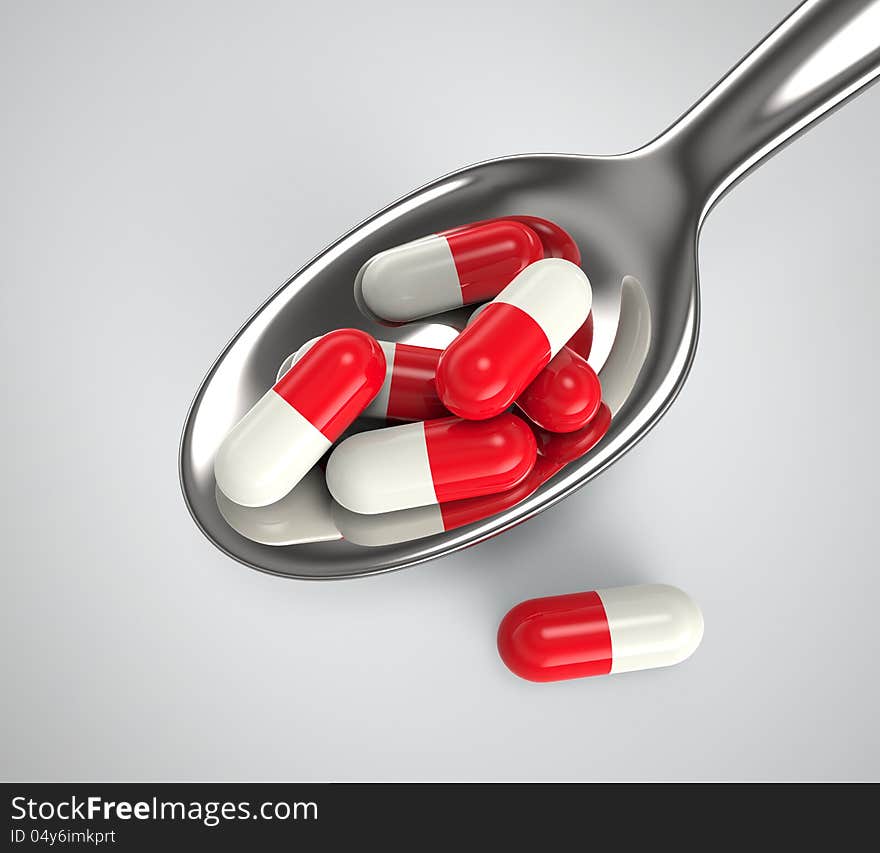 3d render of medicinal capsules in a spoon concept. 3d render of medicinal capsules in a spoon concept