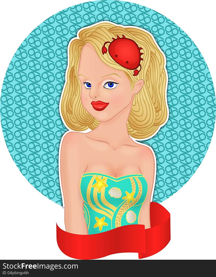 Astrological sign of Cancer. portrait of blonde girl with red lips. Astrological sign of Cancer. portrait of blonde girl with red lips