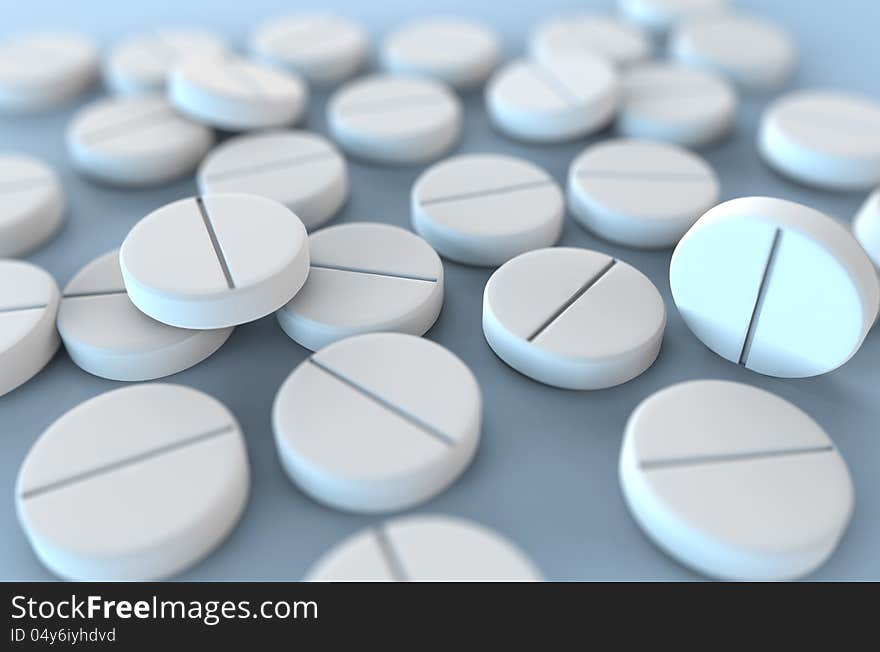 3d render of white medicine tablets with shallow depth of field. 3d render of white medicine tablets with shallow depth of field