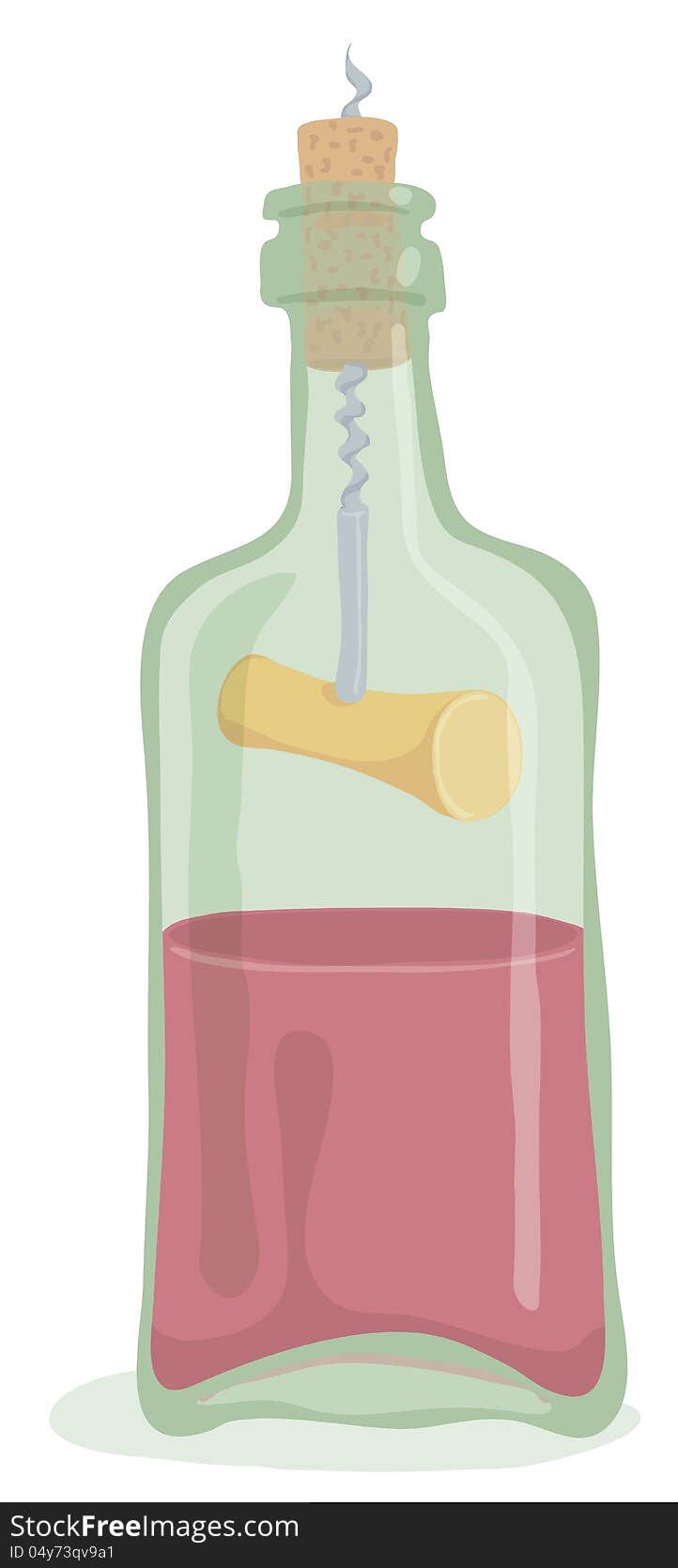 Half Bottle of Wine with corkscrew inside. Editable vector EPS 10 file. Transparency effect are used on reflections and shadow of bottle.