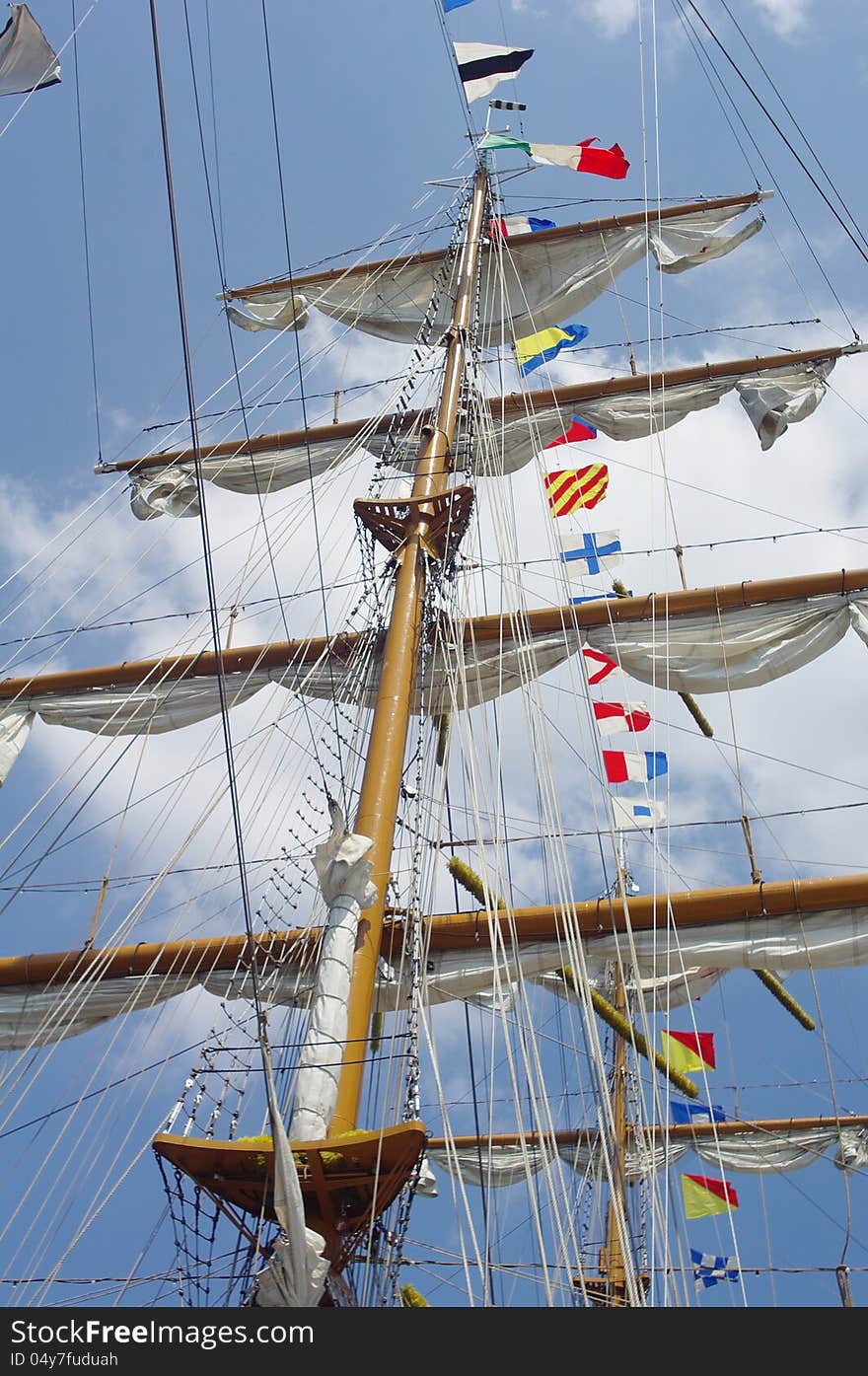 Masts and nautical flags on Tall Ship from Mexico