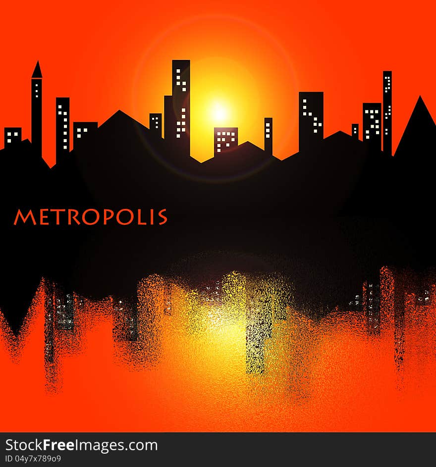 Buildings and houses on orange background. Buildings and houses on orange background