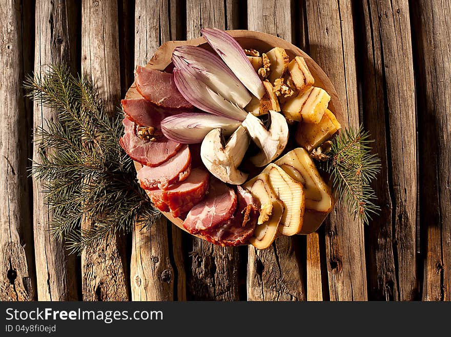 Traditional food and vegetables on rustic table. Traditional food and vegetables on rustic table