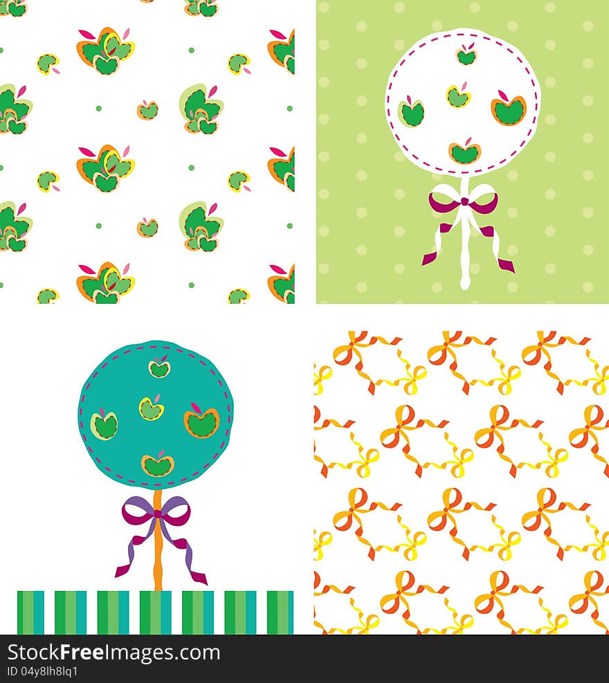 Apple tree card and seamless pattern