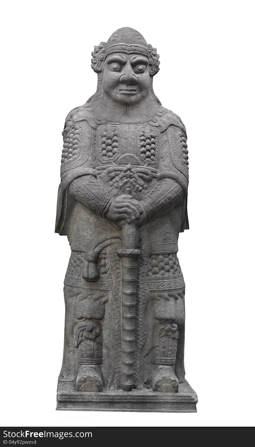 Ancient Asian Stone Warrior Statue Isolated.