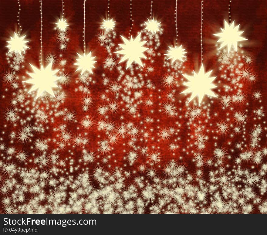 Stars and snowflakes on red background