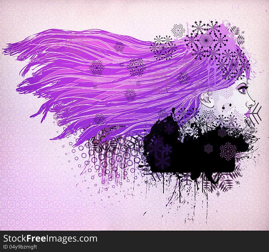 Illustration of a girl with purple hair on colorful background. Illustration of a girl with purple hair on colorful background.