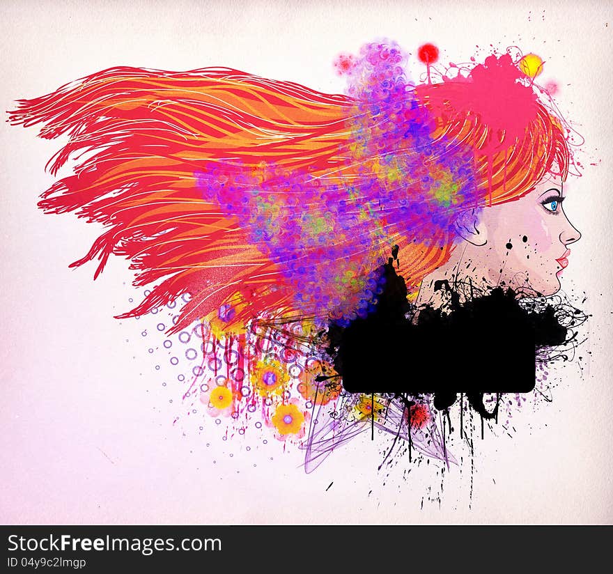 Illustration of a girl with red hair on colorful background. Illustration of a girl with red hair on colorful background.