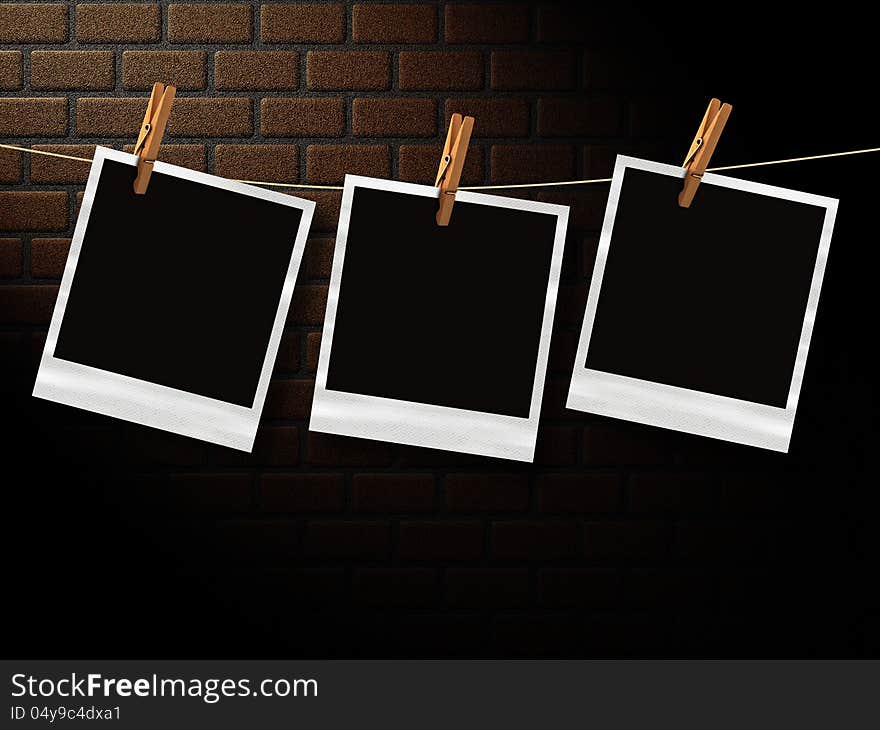 Illustration of old photos on a rope with clothespins in front of a brick wall background. Illustration of old photos on a rope with clothespins in front of a brick wall background.