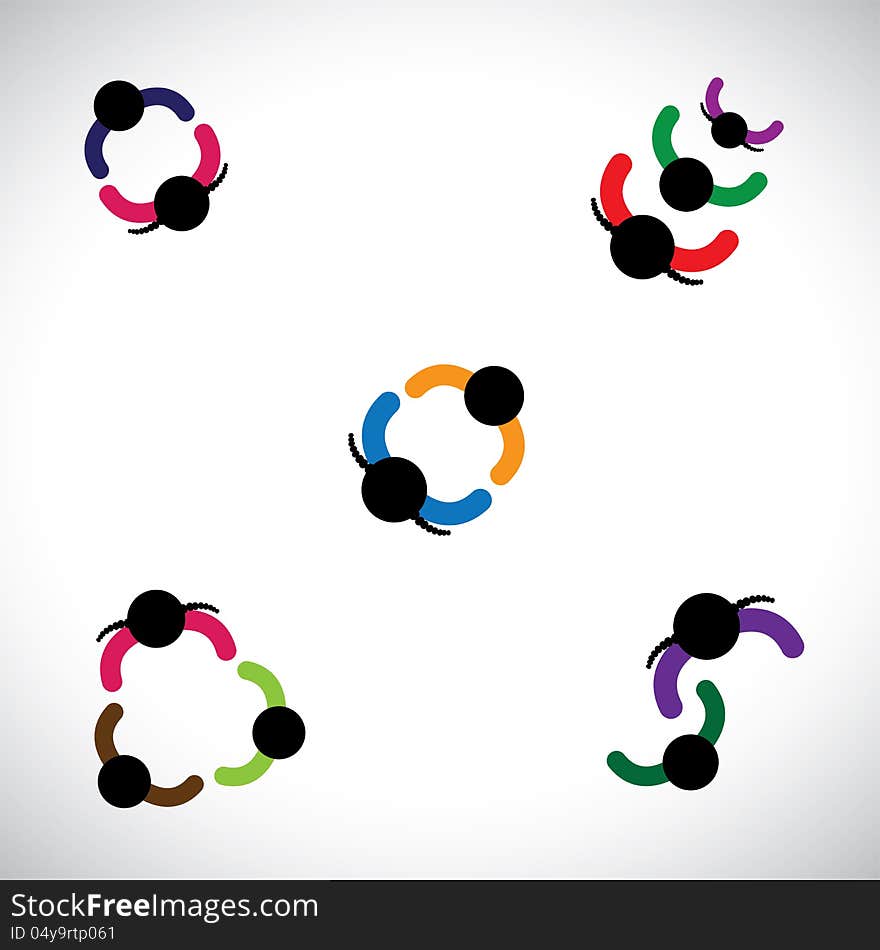 Graphic of kids(boys & girls) playing together. This colorful illustration contains children playing together forming lines and circles in their recreation time & having fun and good times. Graphic of kids(boys & girls) playing together. This colorful illustration contains children playing together forming lines and circles in their recreation time & having fun and good times
