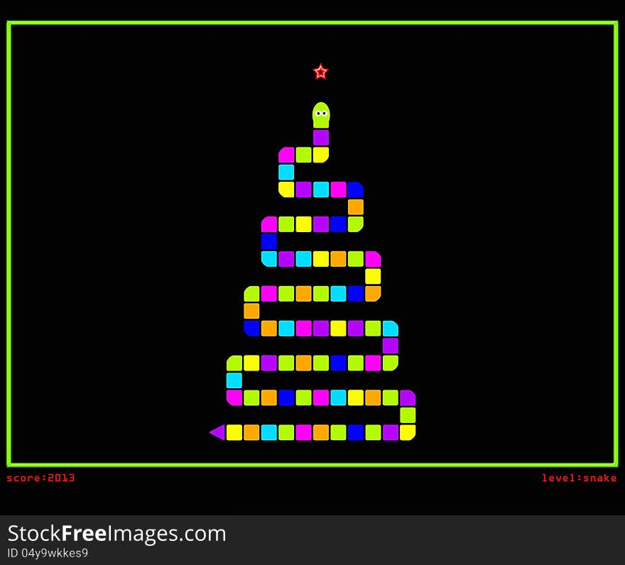 Christmas tree in style of pc or mobile snake game with funny snake in the form of festive disco lights and red star on the top on black background. Christmas tree in style of pc or mobile snake game with funny snake in the form of festive disco lights and red star on the top on black background