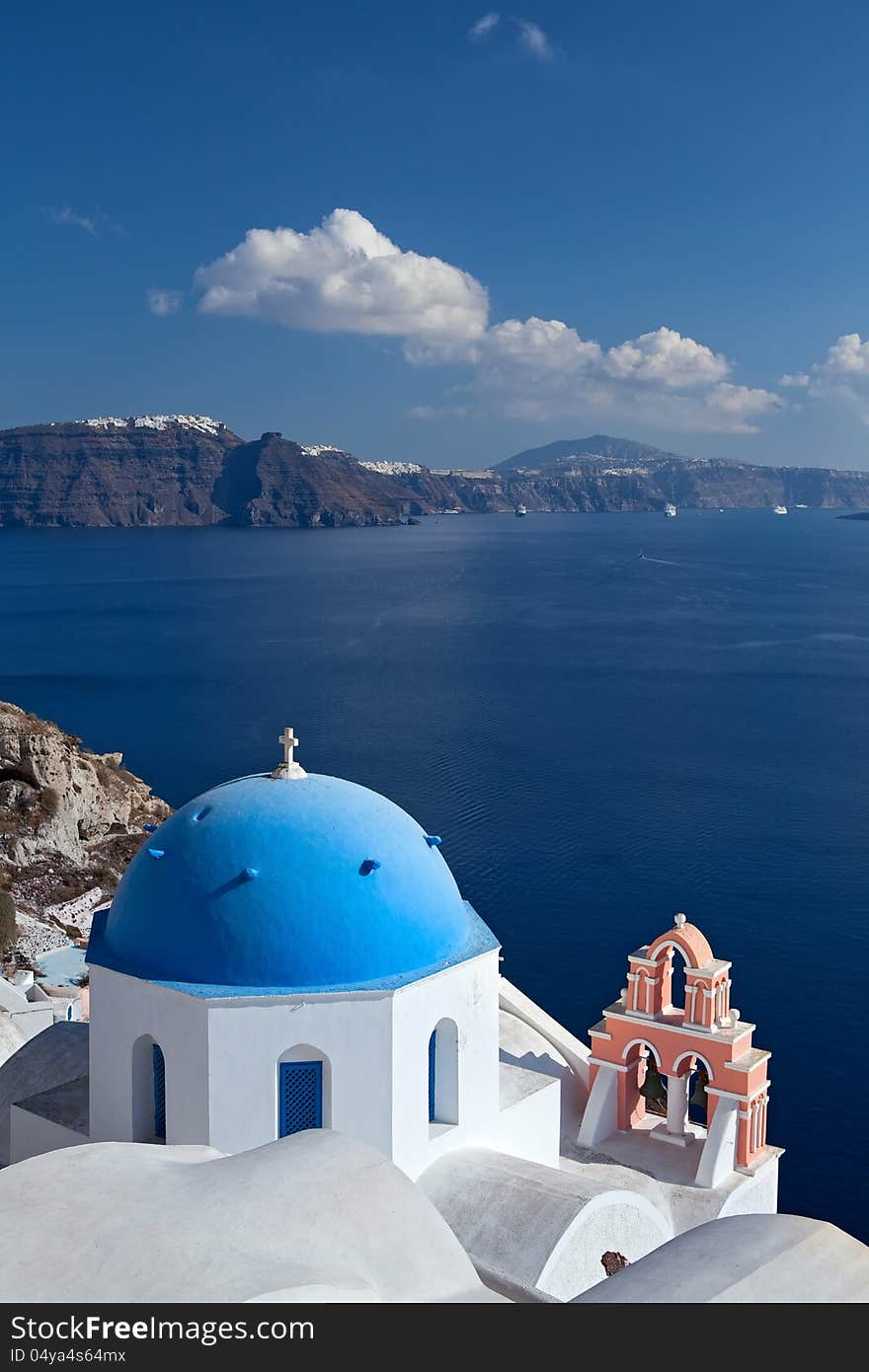 Church of the island of Santorini against the bright sky