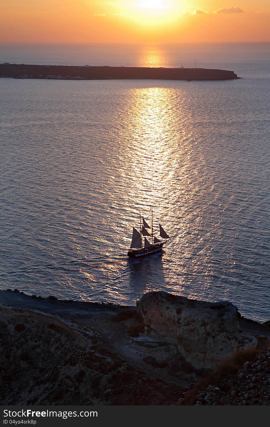 Sailing ship in the mediterranean sea at sunset. Sailing ship in the mediterranean sea at sunset