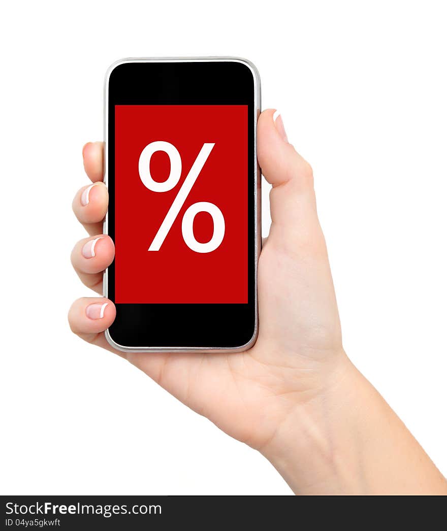 Female hand holding a phone touch computer pad gadget with sale on a red screen. Female hand holding a phone touch computer pad gadget with sale on a red screen