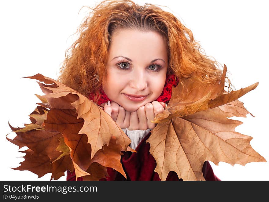 Redhead girl with dry autumn leaves. Redhead girl with dry autumn leaves