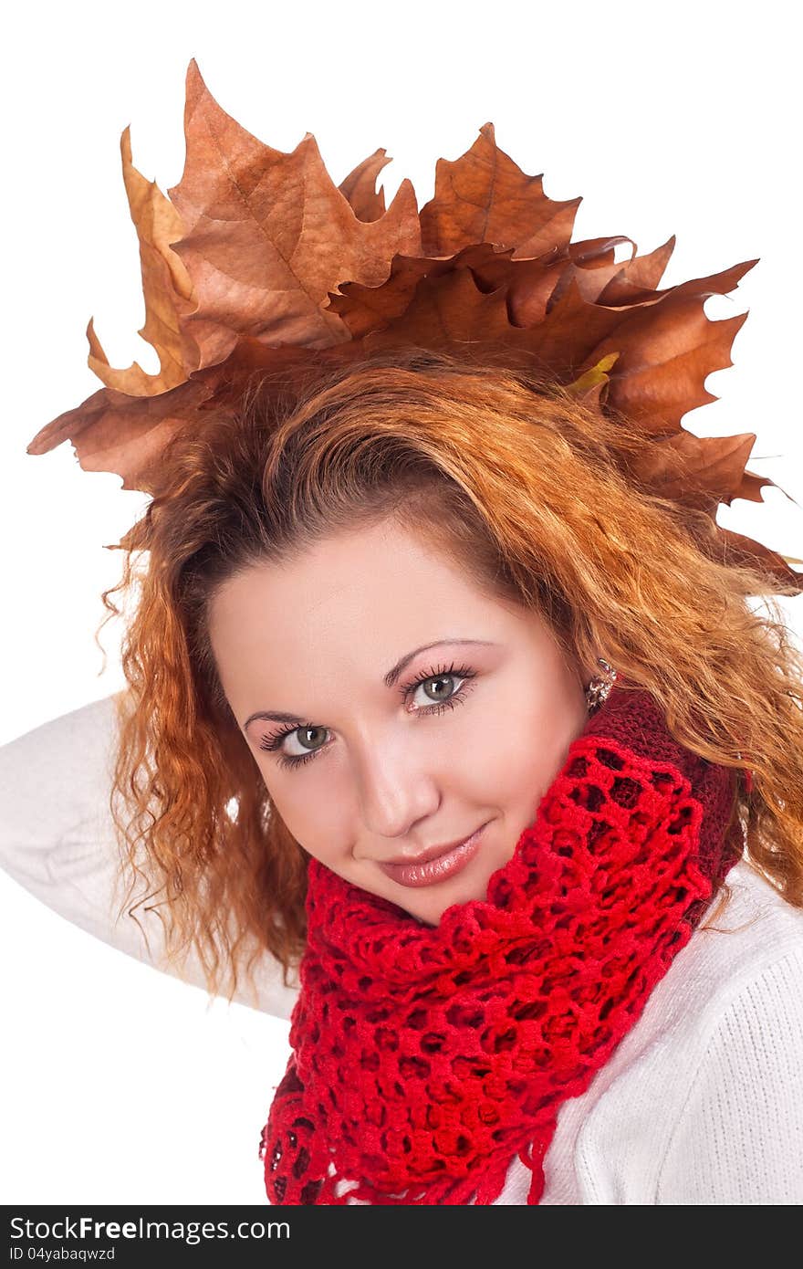 Redhead girl with dry autumn leaves. Redhead girl with dry autumn leaves