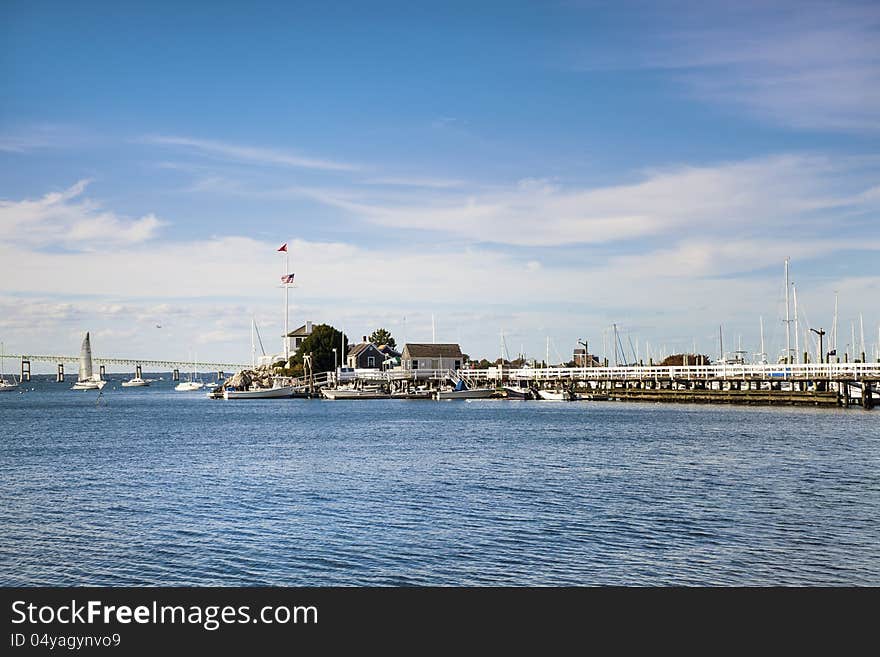 Pier, bridge and sailboats mean sunny day in Newport. Pier, bridge and sailboats mean sunny day in Newport