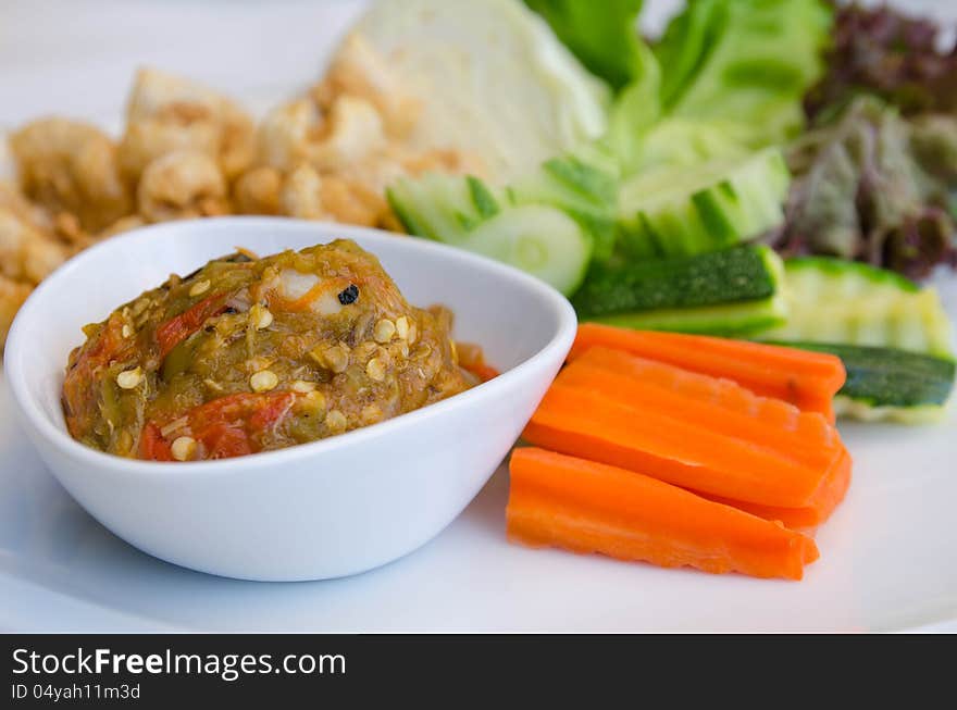 Chili with vegetables and pork snack, local food of Thailand