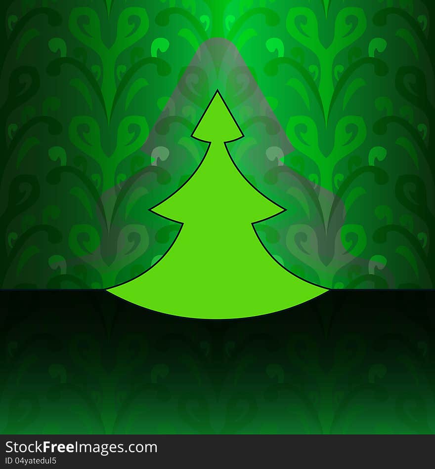 Modern shape christmas tree on green floral pattern vector card. Modern shape christmas tree on green floral pattern vector card