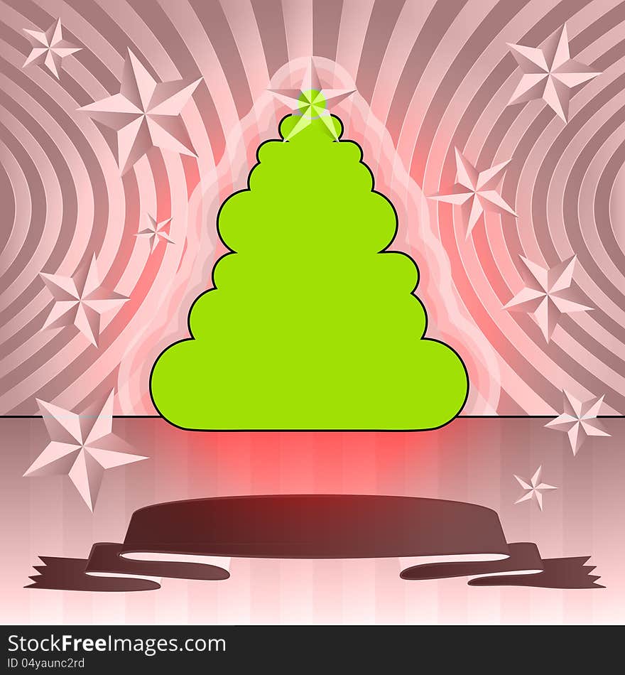 Round shape christmas tree on pink star ribbon background vector card. Round shape christmas tree on pink star ribbon background vector card