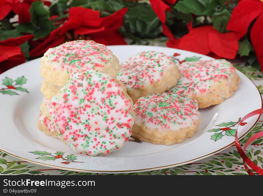 Christmas shortbread sugar cookies on a plate. Christmas shortbread sugar cookies on a plate