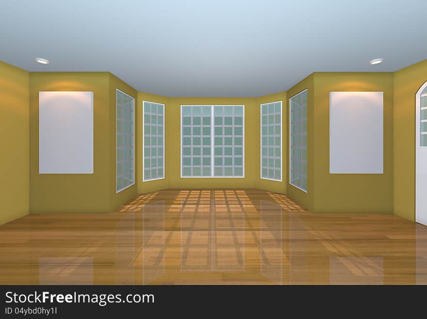 Home interior rendering with empty room color yellow wall and decorated with wooden floors. Home interior rendering with empty room color yellow wall and decorated with wooden floors.