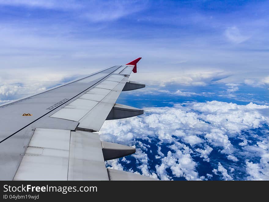 Aircraft wing on the clouds,flying background