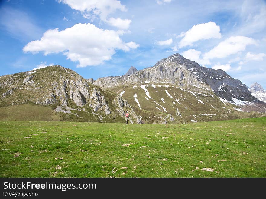 Woman trekking at Picos de Europa mountains in Asturias. Woman trekking at Picos de Europa mountains in Asturias