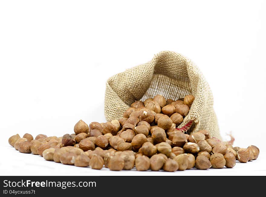 Shelled hazelnut on white background