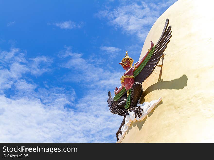 Garuda, the mythical bird, on a Golden Cheddi at a temple in the Samut Prakan province of Thailand.