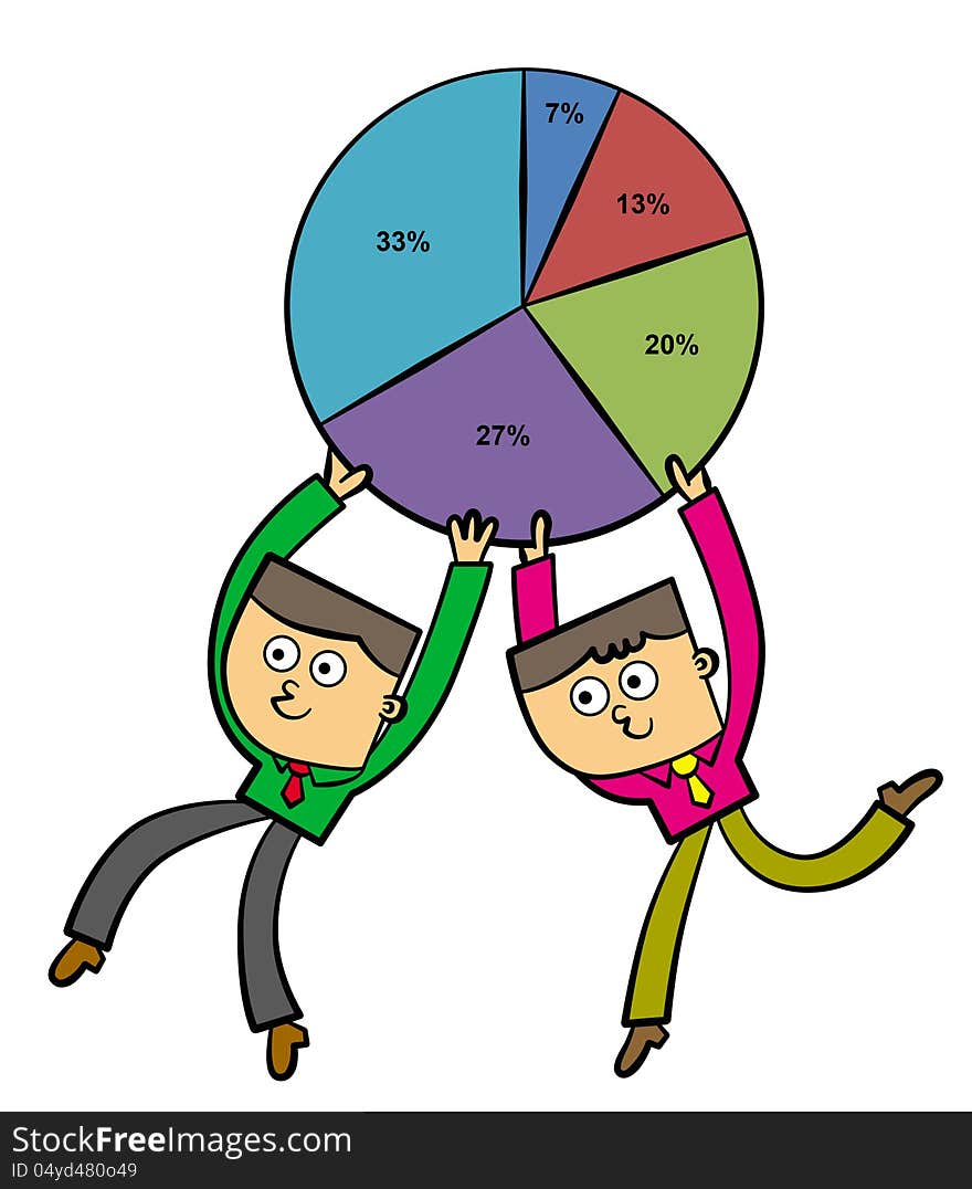 Two cartoon business men carrying a pie graph. Two cartoon business men carrying a pie graph