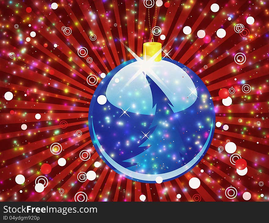 Illustration of blue Christmas ball on abstract sparkle red background with rays. Illustration of blue Christmas ball on abstract sparkle red background with rays.