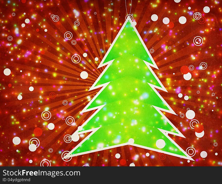 Illustration of green Christmas tree applique on red background with sparks.