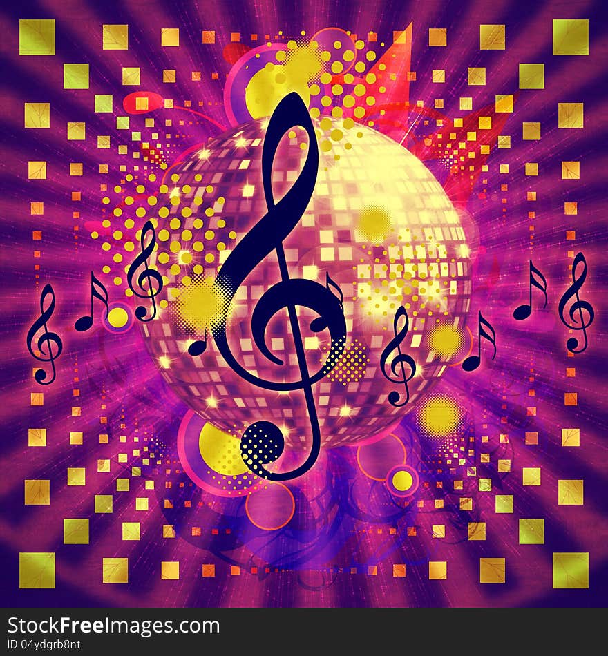 Illustration of abstract musical background with music notes and disco ball. Illustration of abstract musical background with music notes and disco ball.