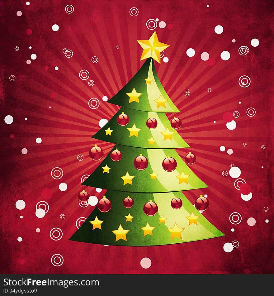 Grunge Christmas Tree On Red Background