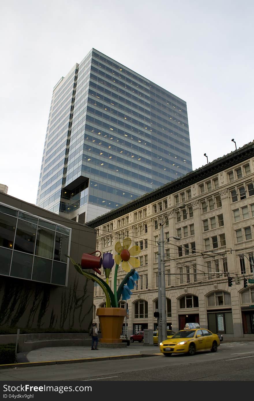 Unique buildings and street views at downtown Seattle