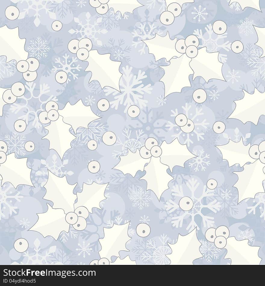 Christmas background - seamless pattern with decorative holly leaves and snowflakes. Vector. Christmas background - seamless pattern with decorative holly leaves and snowflakes. Vector