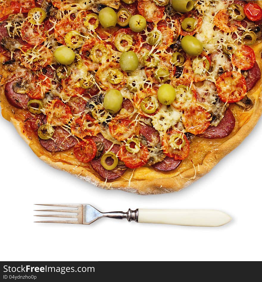 Pizza with salami and cherry tomatoes, isolated on white (clipping path included). Pizza with salami and cherry tomatoes, isolated on white (clipping path included)